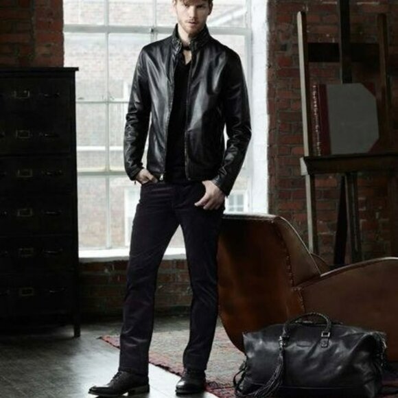 John Varvatos Double-Zip Collar Sheepskin Slim Leather Jacket - ASO Tom Brady - Picture 1 of 16